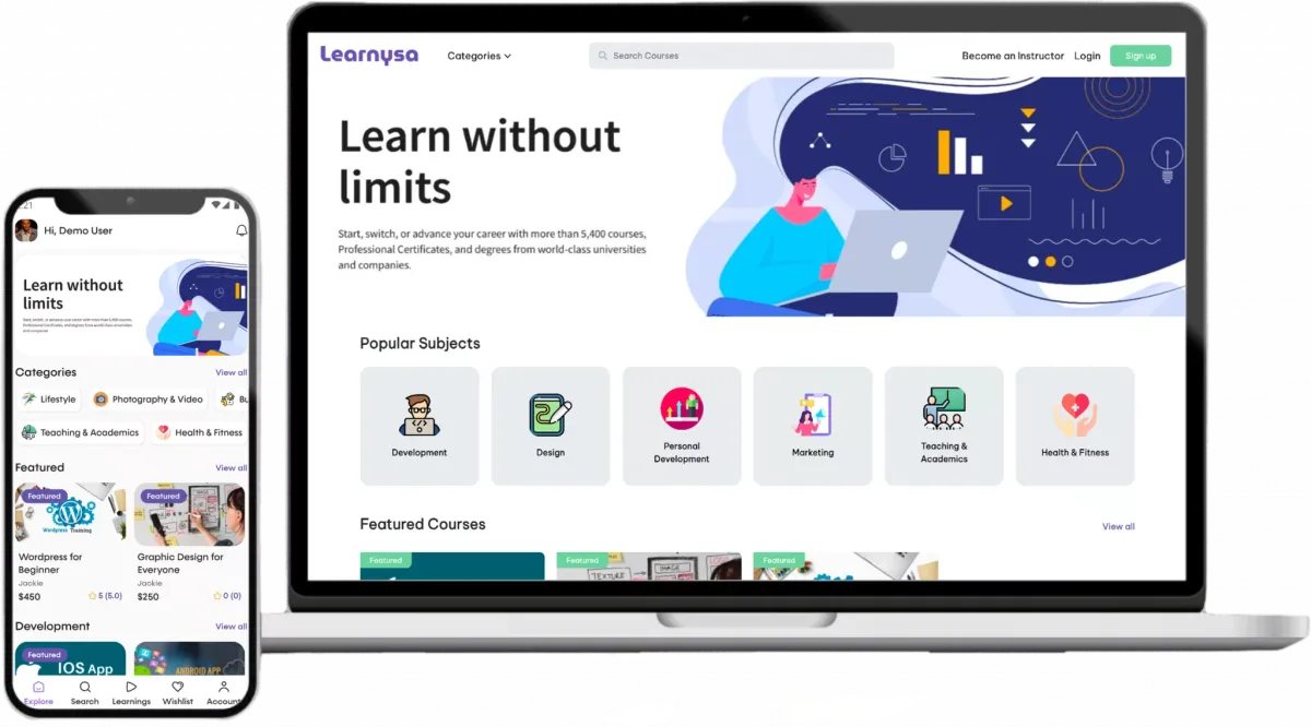 Learnysa e-learning course player and mobile screens